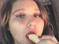 So pretty brunette female make fun with a banana fruit like a dildo,!holy fuck!