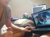 The girl learns to do blowjob by video