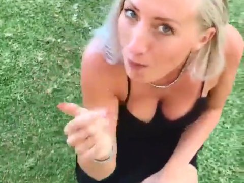 Play 'POV outdoor blowjob from busty MILF and cum in mouth'