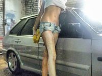 Sexy Russian girl wash the car