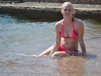 Blonde GF topless at beach