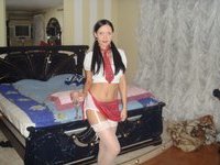 Horny brunette wife in white stockings