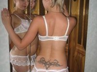 Russian amateur blonde wife in white lingerie