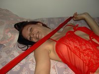 Redhair GF in red underwear toys and fuck pics