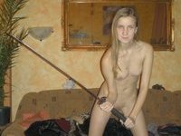 Naked amateur blonde with katana sword