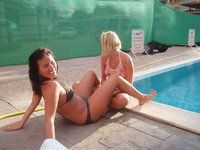 Nice girls at hotel room and poolside