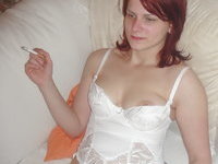Stunning redhead wife in white lingerie