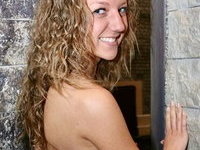 Sexy slim curly haired teen GF shows perky tits