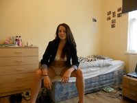 Coed brunette GF posing at dorm room