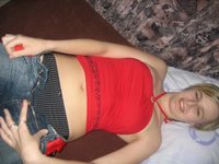 Blonde amateur wife topless at home