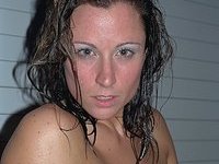 Brunette amateur MILF naked near pool