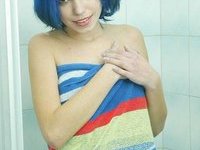 Blue hair girl at shower