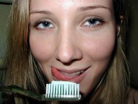 Naked amateur GF teeth brushing
