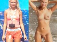 Beautiful girl wife Ksenia in gallery before and after dressed and undressed