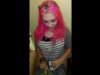 Pink hair babe sucks cock and has sex in the toilet