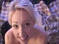 Cute blonde gives blowjob and gets cum on her face