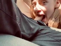 Petite baby sucks cock in car POV