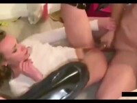 Busty brunette screams as she takes rough creampie
